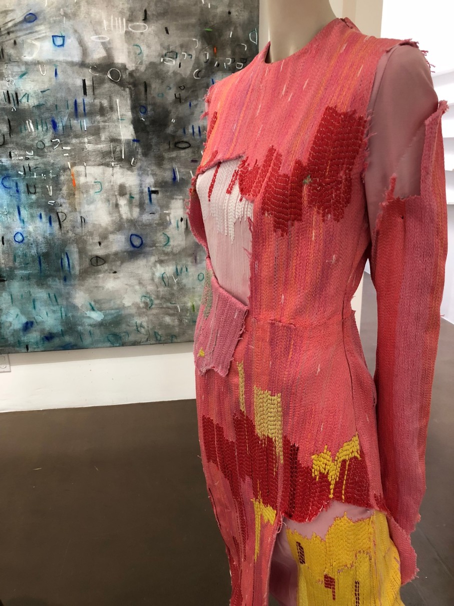 curated by Rhonda P. Hill, Blurred Boundaries Fashion as an Art exhibit, Tingyue Jiang, designer, Erik ReeL painting, GraySpace Gallery, Santa Barbara, photo Charlene Broudy