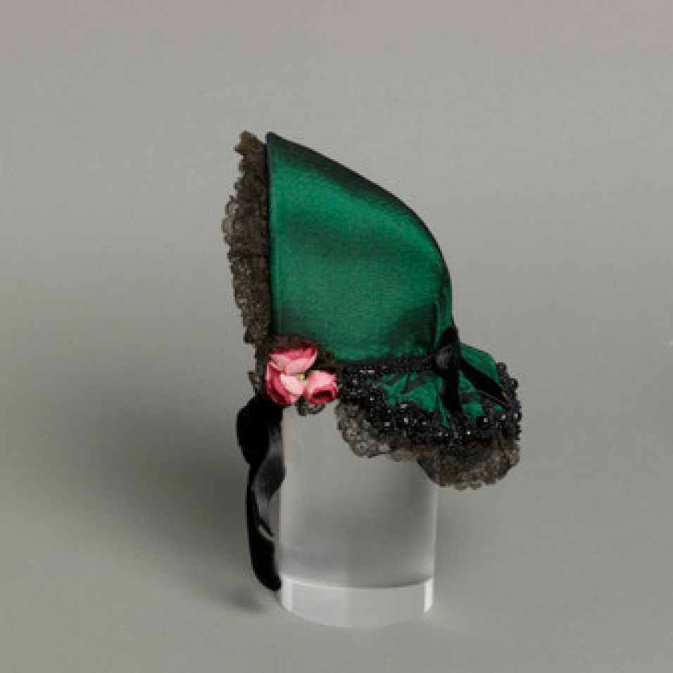 Mildred Blount miniature period hat; silk plain weave (bengaline), silk velvet, silk lace, and glass beads; 5 1/2 × 4 1/8 × 4 in. (13.97 × 10.48 × 10.16 cm); Gift of Marjorie St. Cyr (CR.75.2.19); courtesy of LACMA collections