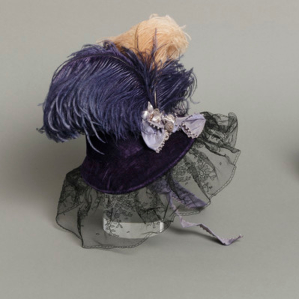 Mildred Blount miniature period hat; silk velvet with silk net, ostrich feathers, and silk plain weave (taffeta); 5 3/4 × 6 1/4 × 5 1/4 in. (14.61 × 15.88 × 13.34 cm); Gift of Marjorie St. Cyr (CR.75.2.6); courtesy of LACMA collections